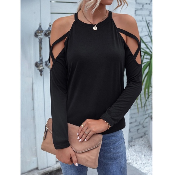 Strappy Cold Shoulder Black Long Sleeve Tee Shirt - Picture 6 of 10